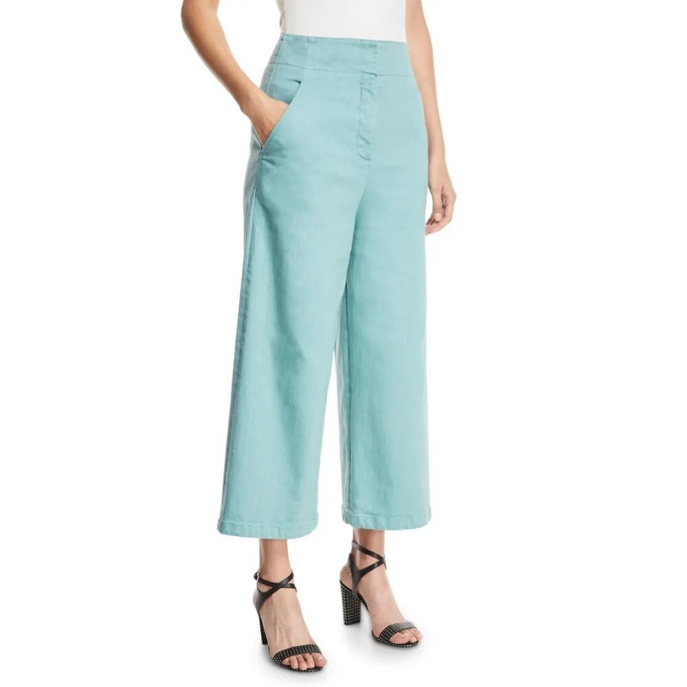 Tibi 'Demi' Wide Leg Cropped Pants Garment-Dyed Twill Blue-Green Aqua Size 10